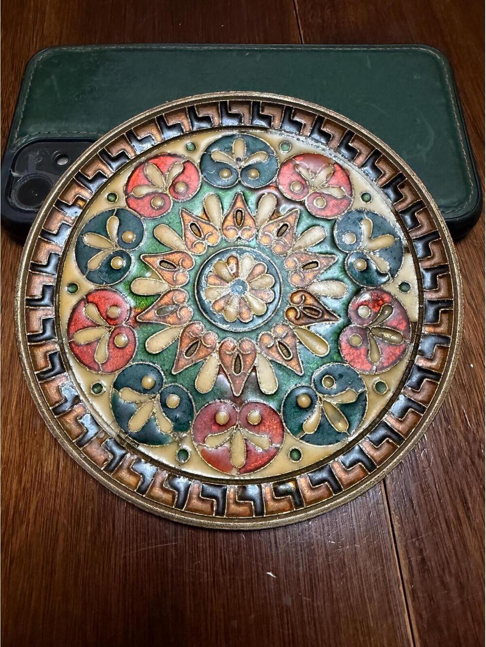 Vintage Greek Brass Wall Plaque | Colourful Byzantine Style Decorative Hanging